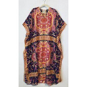 Winlar Kaftan Womens One Size Vibrant Boho Print V Neck Artsy Flowy Maxi Silky
